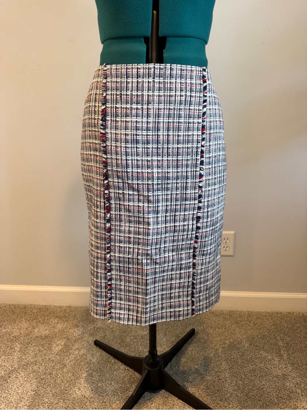 J. Crew Tweed Pencil Skirt in Blue, White and Red Trim